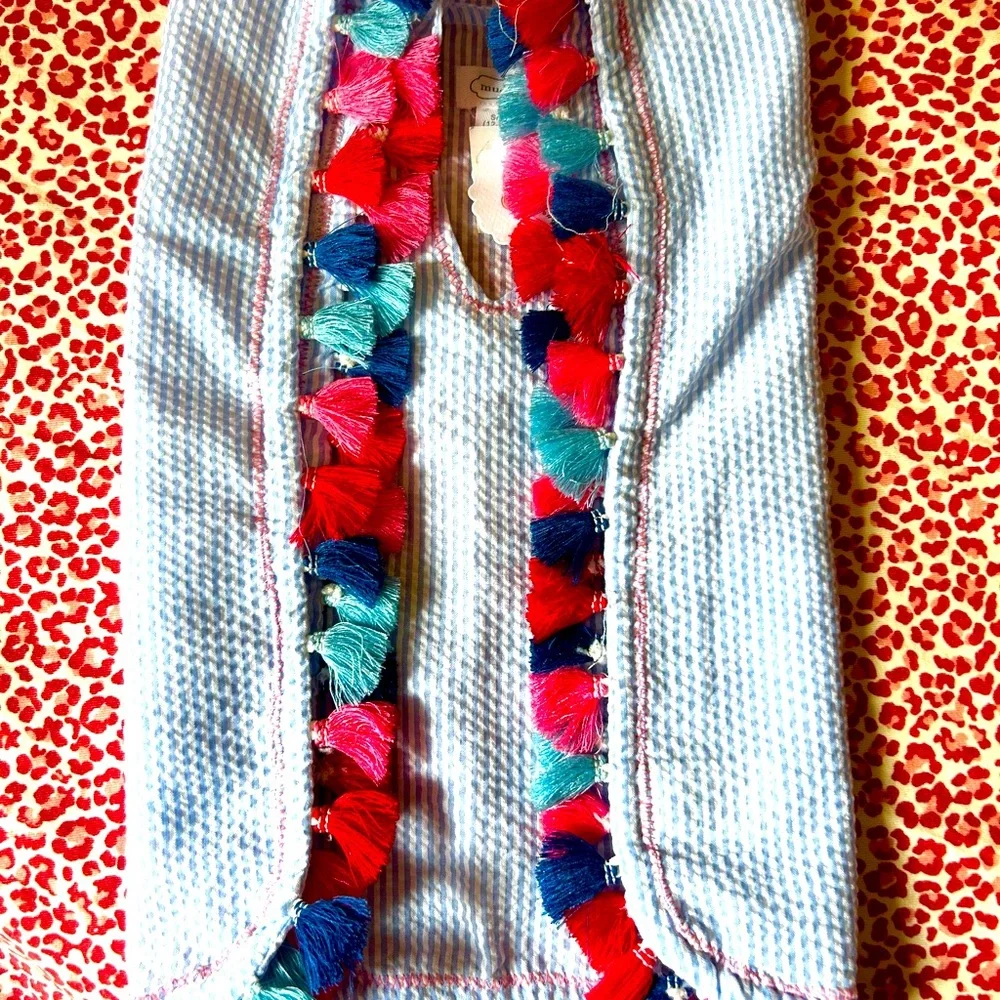 Kids Blue Striped Hooded Poncho with Colorful Tassels